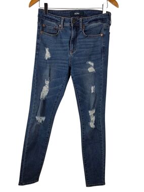 AERO Women's Mid Wash Distressed High Rise Jeggings Skinny Jeans - Dark Blue 4